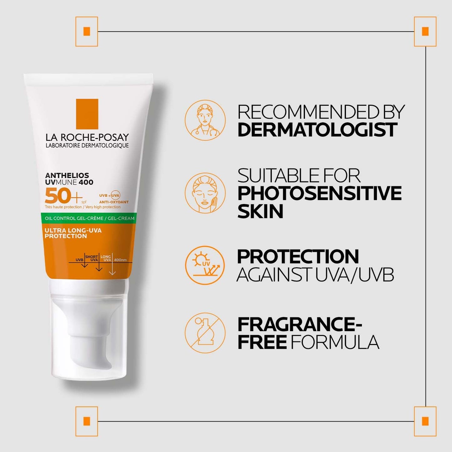 La Roche-Posay sunscreen tube with product features on a gray background