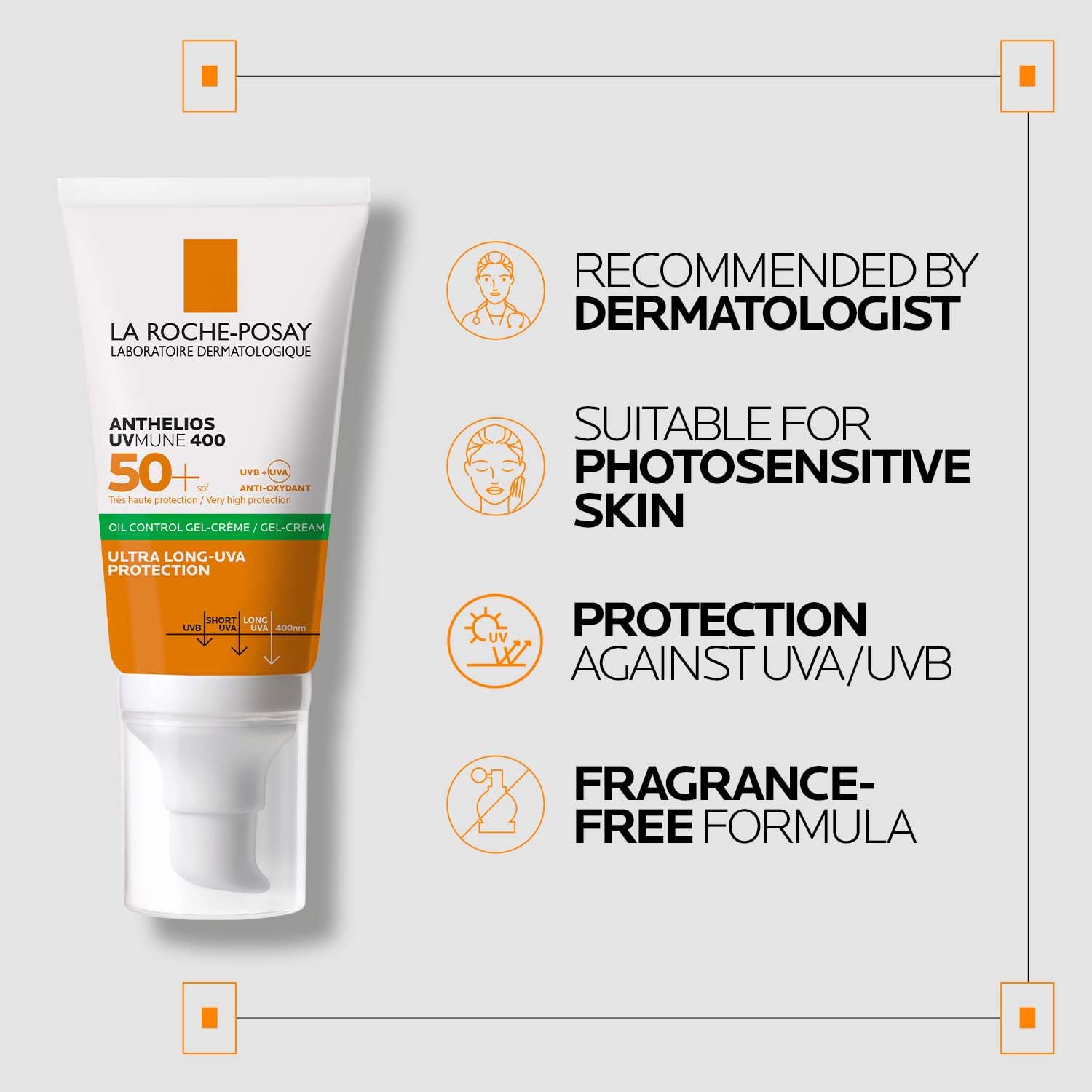 La Roche-Posay sunscreen tube with product features on a gray background