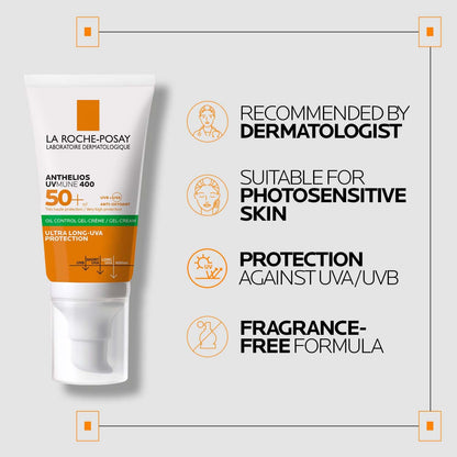 La Roche-Posay sunscreen tube with product features on a gray background