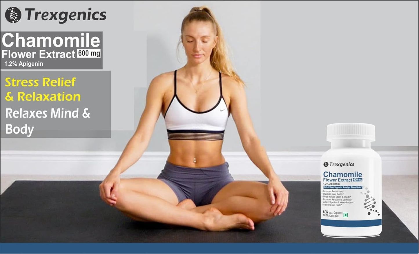 Woman meditating with Trexegenics Chamomile Flower Extract supplement bottle on a white background