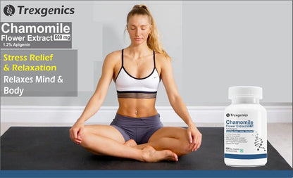 Woman meditating with Trexegenics Chamomile Flower Extract supplement bottle on a white background