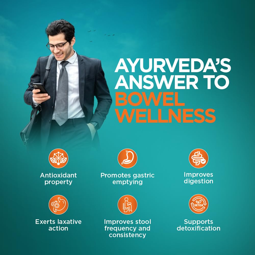 Man in a suit using a phone with text about Ayurveda's answer to bowel wellness on a teal background.