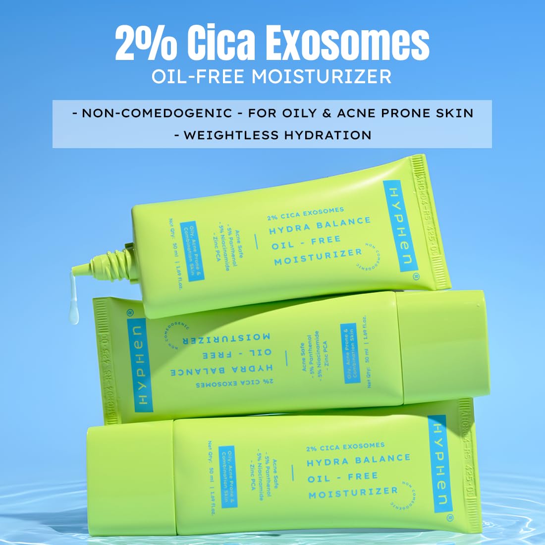 Three tubes of 2% Gica Exosomes oil-free moisturizer on a blue background