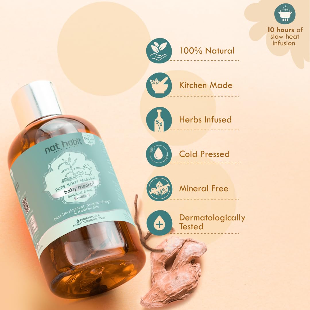 Nat Habit Winter Maahu Baby Massage Oil - Balamool Sunthi For Bone Development, Muscular Strength & Healthy Skin - Suitable For Ages 0 to 12 years - Zero Chemicals & Preservatives - 100ml