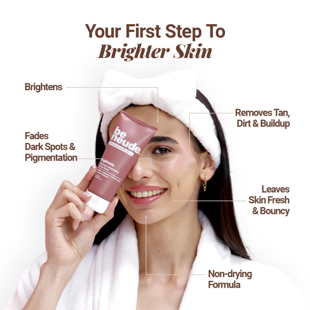 Be Neude Brightside 100ml Detan & Brightening Gel Face Wash with Goat Milk, Vitamin C & Tartaric Acid for Dark Spot Removal, Pigmentation & Glow, Face Wash for Men & Women