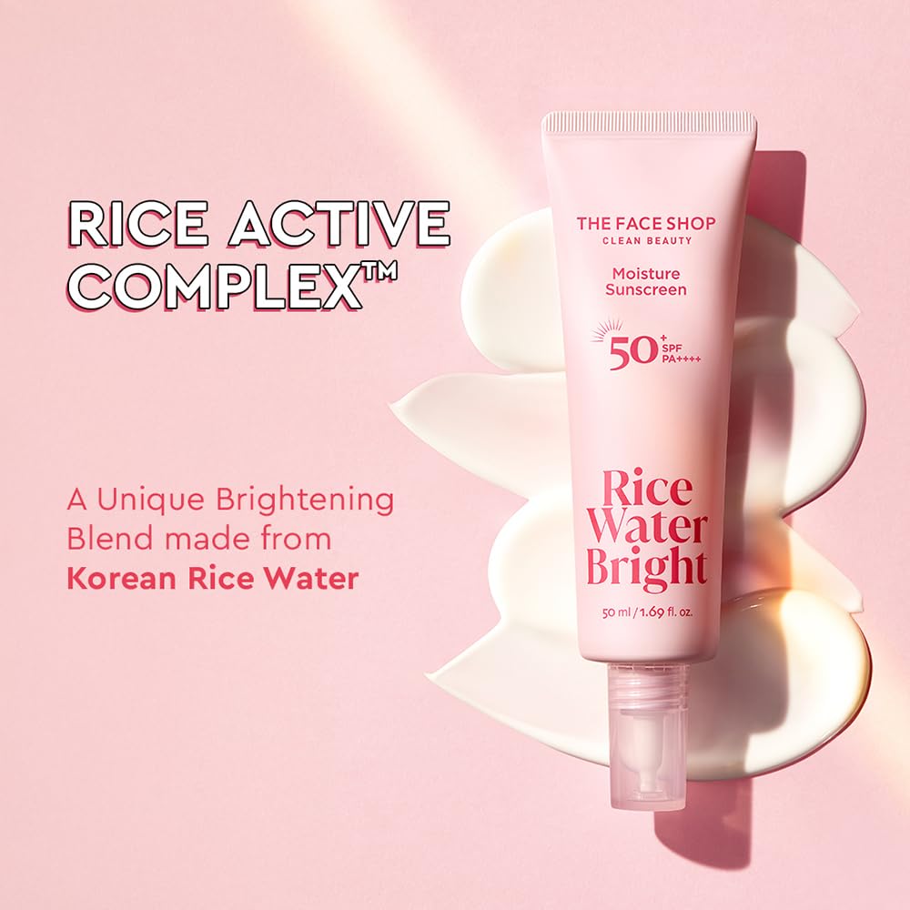 Tube of The Face Shop Rice Water Bright sunscreen on a pink background with text about rice active complex.