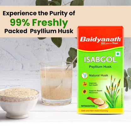 Baidyanath Isabgol Psyllium Husk packaging with a glass of drink and bowl of husks on a light background