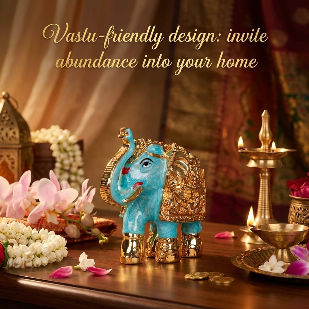 Gold Plated Trunk Up Elephant Idol Showpiece for Vastu, Prosperity, Good Luck, Gifting for House Warming and Home Decor(1, Blue)