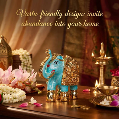 Gold Plated Trunk Up Elephant Idol Showpiece for Vastu, Prosperity, Good Luck, Gifting for House Warming and Home Decor(1, Blue)