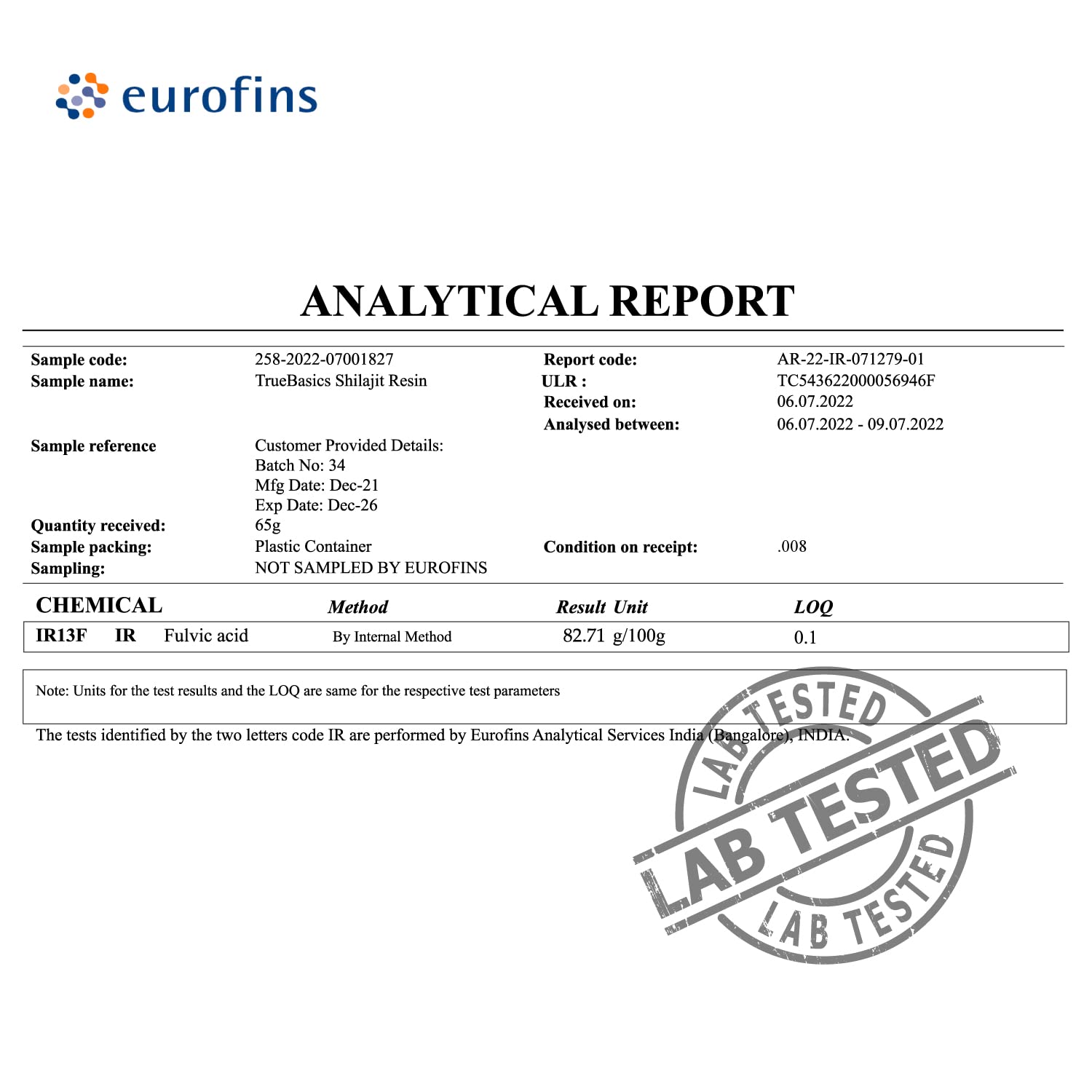 Analytical report with Eurofins logo and lab testing stamp on a white background