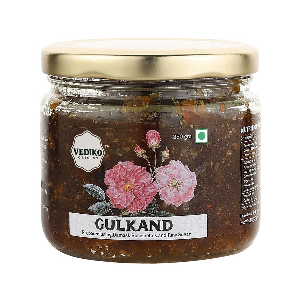 Vediko Origins Gulkand 350Gm|100% Sun-Cooked Pure Rose Petal Jam With No Artificial Flavors|Good For Gut Health|Sweetened With Raw Sugar (Mishri)|Improves Digestion|Natural Coolant|A Healthy Dessert