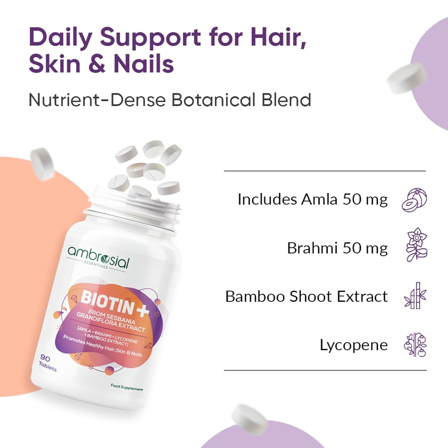Ambrosial Biotin+ supplement bottle with tablets on a colorful background