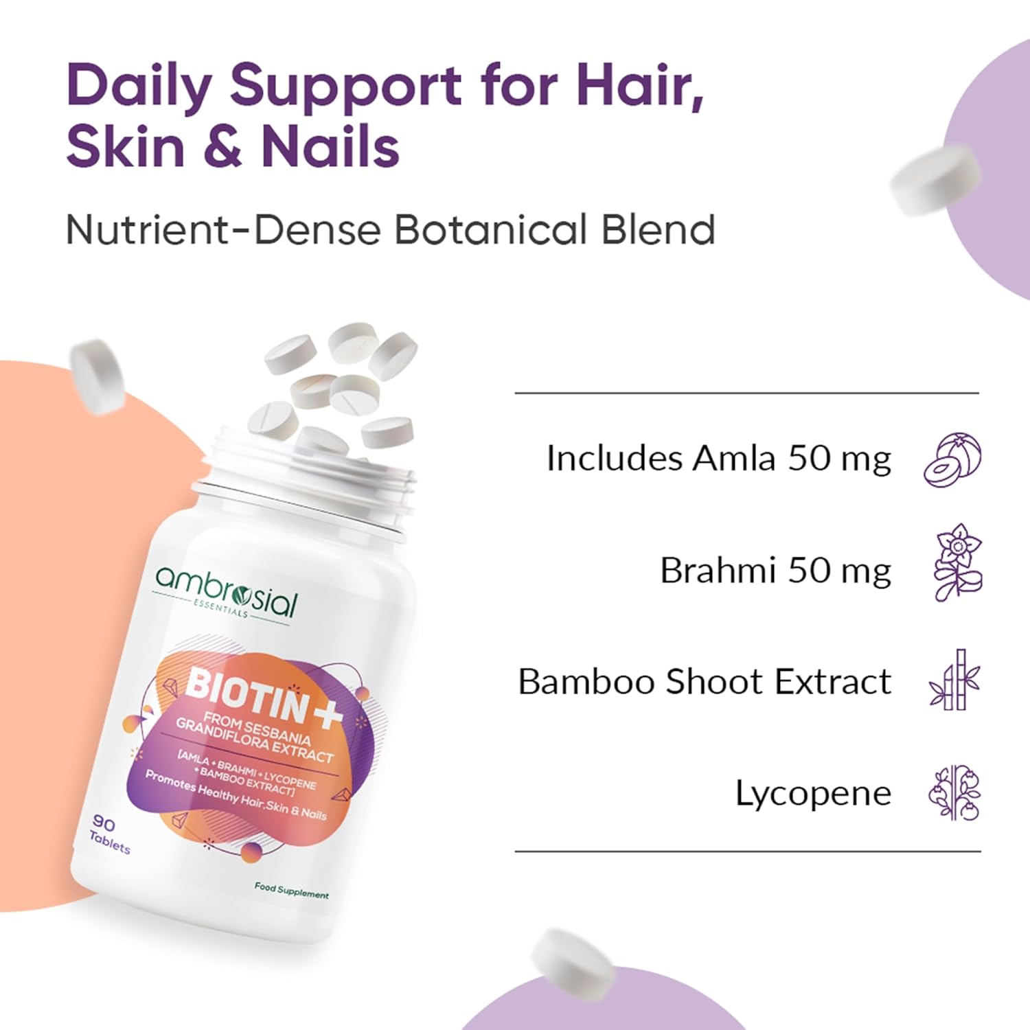 Ambrosial Biotin+ supplement bottle with tablets on a colorful background