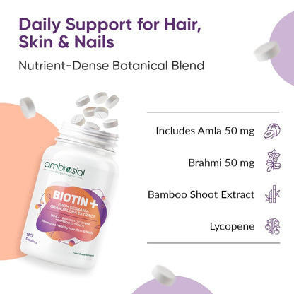 Ambrosial Biotin+ supplement bottle with tablets on a colorful background