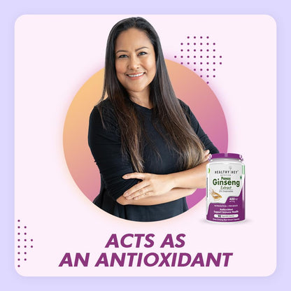 Woman holding a bottle of ginseng extract with text about antioxidants on a purple background