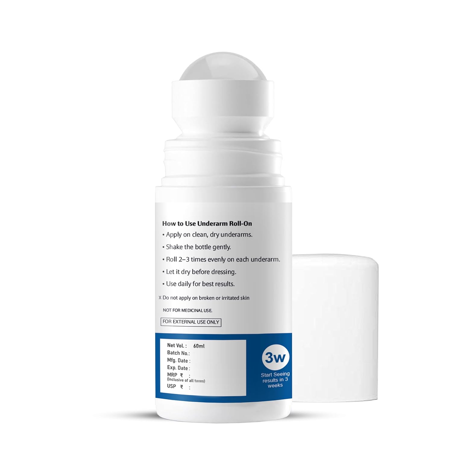 White underarm roll-on deodorant with text on a white background