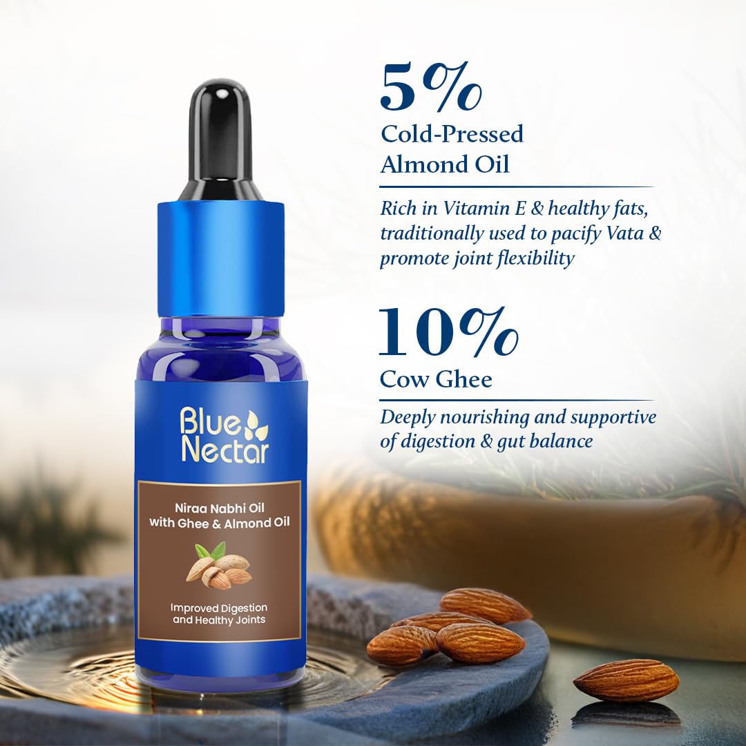 Blue Nectar Nabhi Oil with Ghee & Almond | Nabhya Dhara Belly Button Oil for Digestion & Joint Support | Authentic Ayurvedic Care for Knee, Back, & Body ache (21 Herbs, 10 ml)