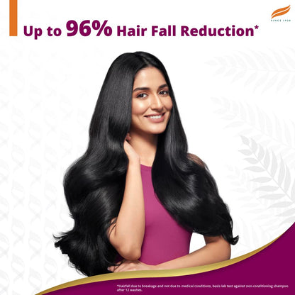 Woman with long, healthy hair on a white background with text about hair fall reduction.