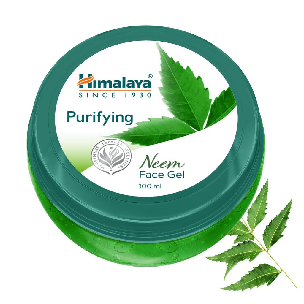Himalaya Purifying Neem Face Gel container with neem leaves on a white background