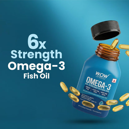 WOW Life Science Omega‑3 6X Strength Fish Oil Softgel Capsules | 2800 mg Fish Oil with 1120 mg EPA & 840 mg DHA | Supports Heart, Brain & Joint Health | Sourced from Sardines & Anchovies | 30 Softgel Capsules