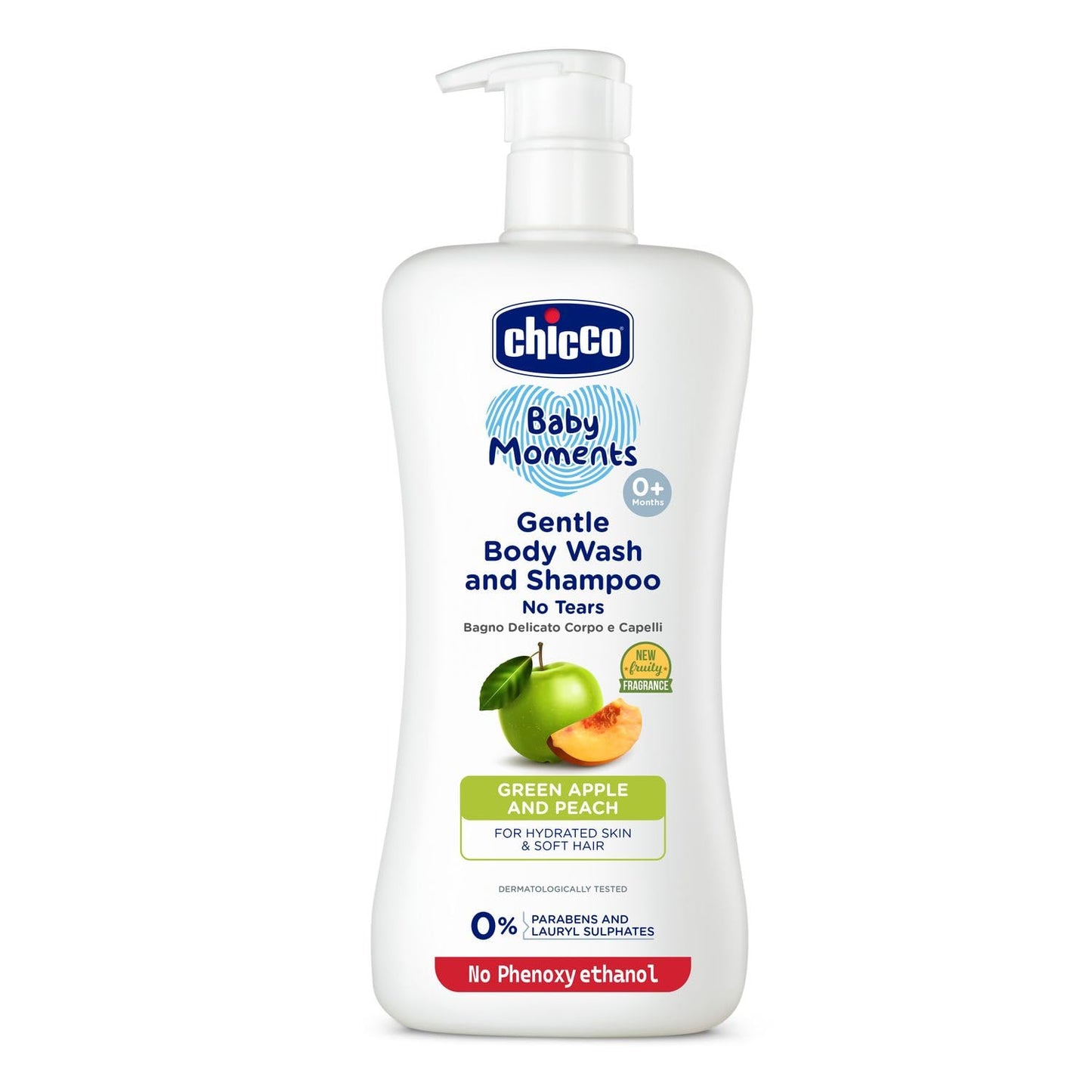 Chicco Baby Moments Gentle Bodywash & Shampoo with Green Apple & Peach, 500ml | Head-to-Toe | No Tears Formula | Hydrated Skin & Hair | Dermatologically Tested | Parabens & Phenoxyethanol Free