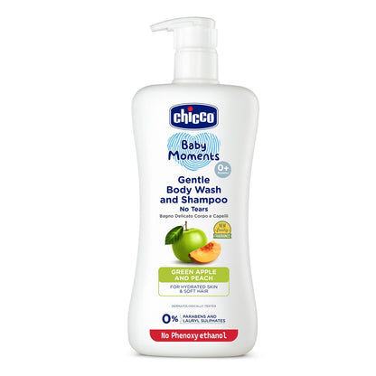 Chicco Baby Moments Gentle Bodywash & Shampoo with Green Apple & Peach, 500ml | Head-to-Toe | No Tears Formula | Hydrated Skin & Hair | Dermatologically Tested | Parabens & Phenoxyethanol Free