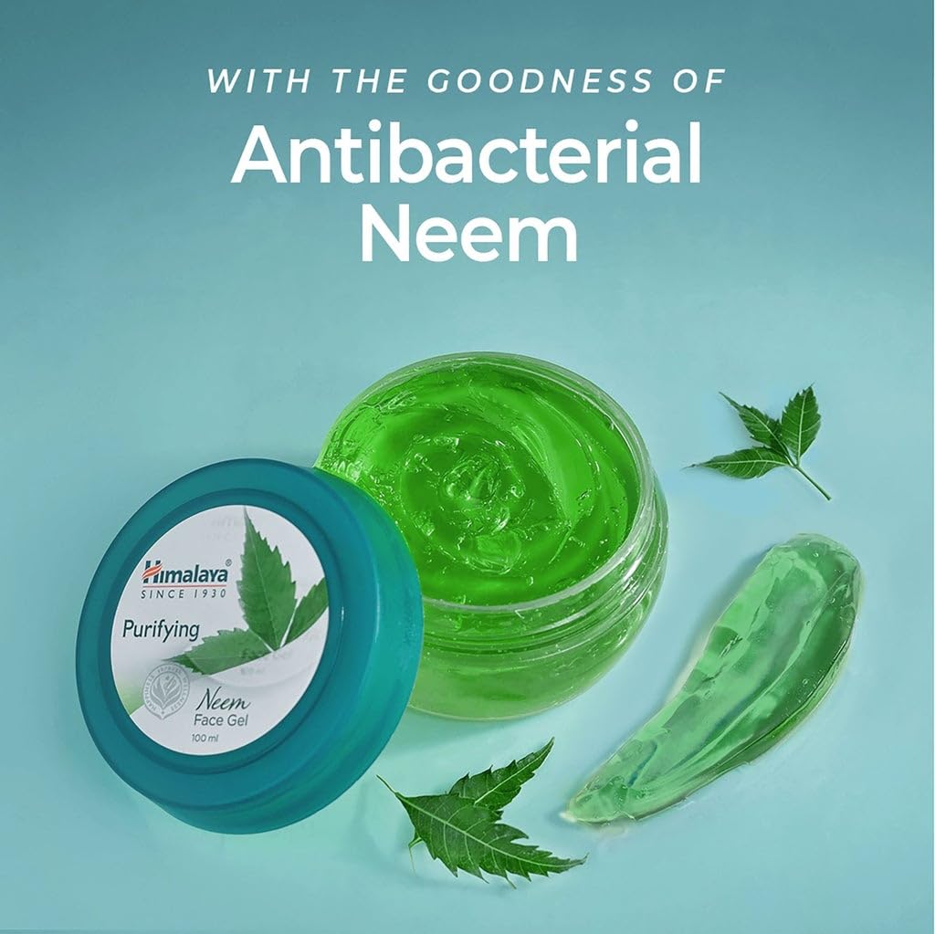 Green face gel jar with open lid, neem leaves, and text on a blue background