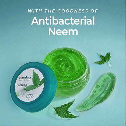 Green face gel jar with open lid, neem leaves, and text on a blue background