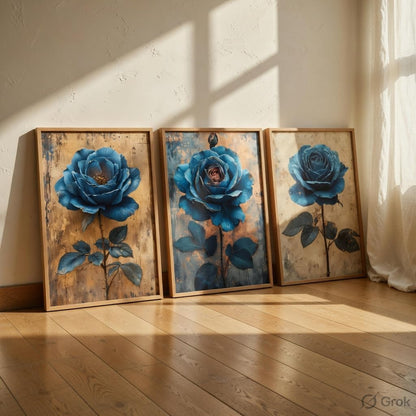 Blue Rose Floral Wall Painting Set of 3 with Wooden Frames | Elegant Botanical Flower Artwork HD Sparkle Laminated MDF Wall Decor | Modern Rose Wall Art for Living Room Bedroom
