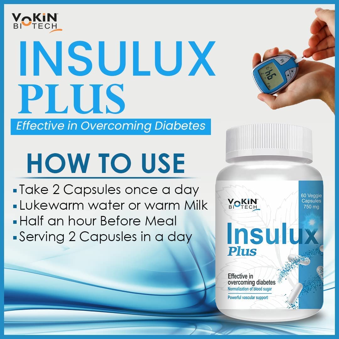Insulux Plus supplement bottle with usage instructions and a hand holding a glucose meter on a light blue background.