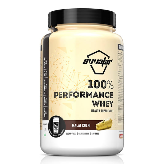 Avvaatar 100% Performance Whey health supplement container on a white background