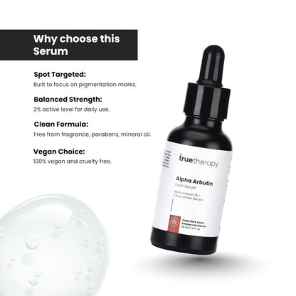 The True Therapy 2% Alpha Arbutin Serum - Helps Reduce Pigmentation, Dark Spots, Blemishes, Acne Marks & Tanning - Citrus Limon Extract - 30 ml