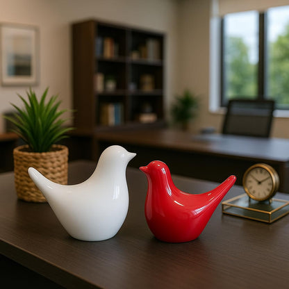 Creative White and Red Glossy Ceramic Birds Figurines Home Decorations Accessories Party (Pack of 2, White & Red)