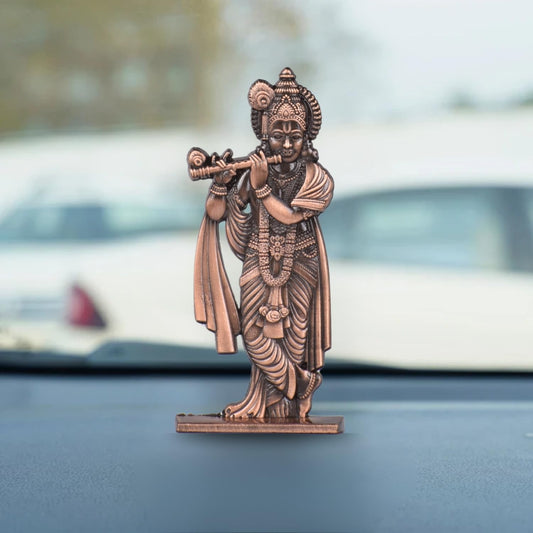 Big Krishna Murli Idol for Car Dashboard – Copper Finish Hindu God Statue Spiritual Krishna Ji Showpiece for Temple & Car (S1008-CPR)