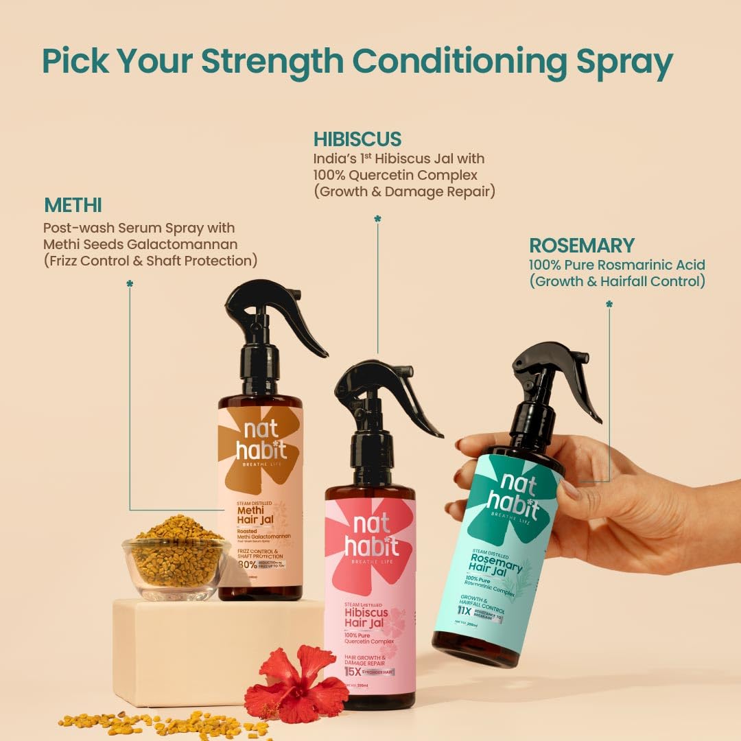Three hair care products with labels for hibiscus, methi, and rosemary, held by a hand on a beige background.