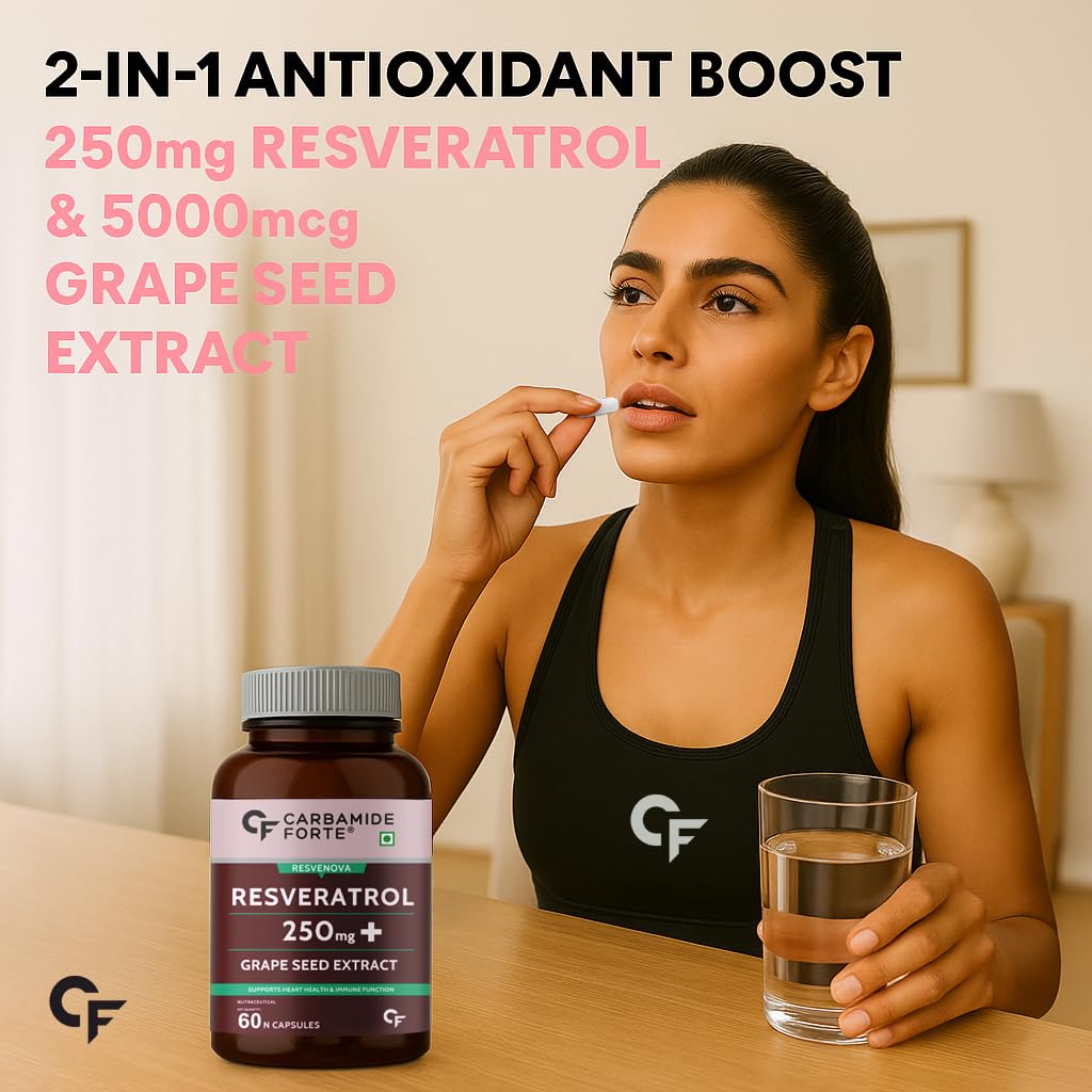 Woman taking a supplement with a glass of water, featuring Carbamide Forte Resveratrol and Grape Seed Extract.