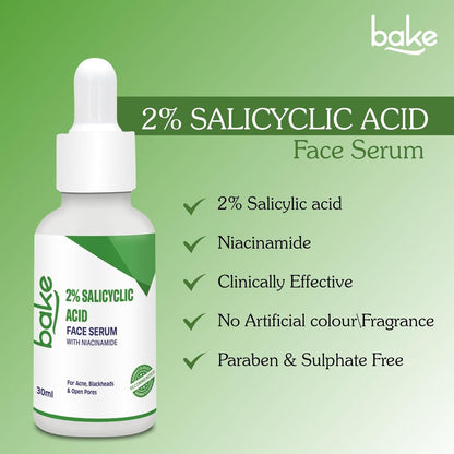 BAKE 2% Salicylic Acid Face Serum for Active Acne, Blackheads & Whiteheads with Niacinamide | Fades Acne Marks, Controls Sebum Production | For Women & Men | 30ml