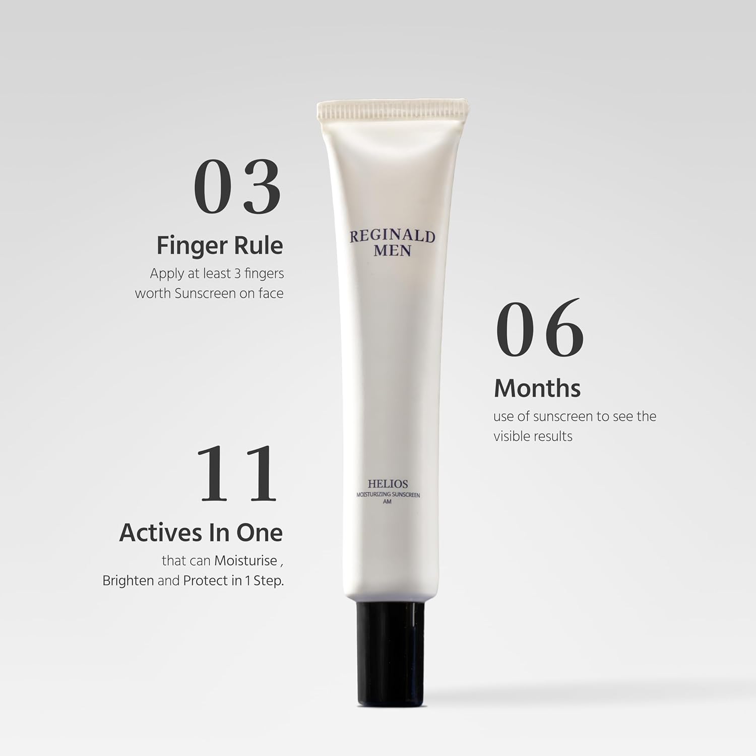Tube of Reginald Men sunscreen with text on a gray background