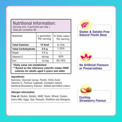 Happi Kidz Iron + Vitamin C Gummies For Kids-(60 Gummy Bears) -Supports Immune system function, Helps build red blood cells & overall growth and development | Strawberry Flavour | | Lab tested for purity
