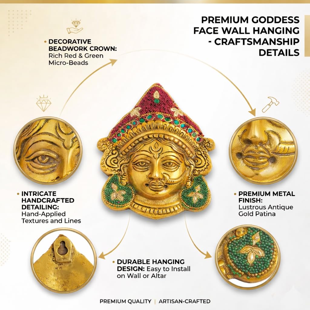 Kalakriti Goddess Durga Face Wall Hanging Navratri Decorative Idol | Golden Finish Beaded Hindu Ambe MATA Bengali Devi Mask for Home Temple, Living Room & Festive Decor (Durga Face)