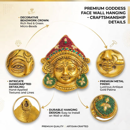 Kalakriti Goddess Durga Face Wall Hanging Navratri Decorative Idol | Golden Finish Beaded Hindu Ambe MATA Bengali Devi Mask for Home Temple, Living Room & Festive Decor (Durga Face)