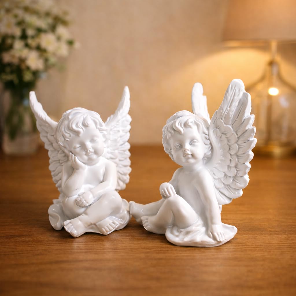 White Angel Cherub Figurine Set – Elegant Home Decor Showpiece for Living Room, Bedroom & Office | Premium Decorative Statue for Anniversary, Housewarming, Birthday & Wedding