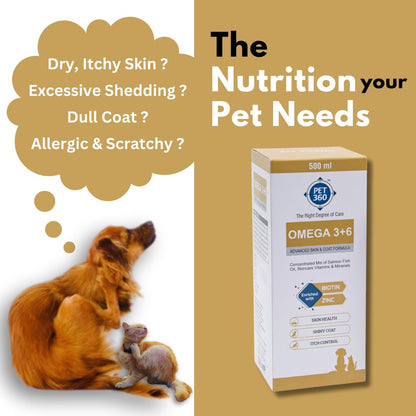 PET360 Omega 3+6 Concentrated Salmon Fish Oil for Dogs & Cats with Vitamins & Minerals | Shinier Coat, Itch & Allergy Control | Improves Skin & Hair Health | Nutritional Supplement for Pets - 500 ml