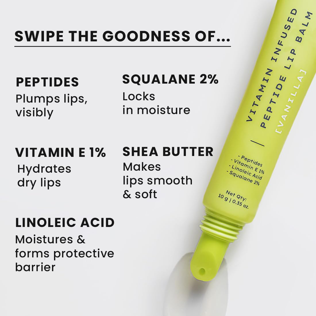 Lip balm with ingredients listed on a white background