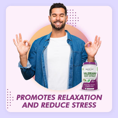Man with closed eyes and hands in a meditative pose next to a bottle of Valerian Root Extract on a light purple background.