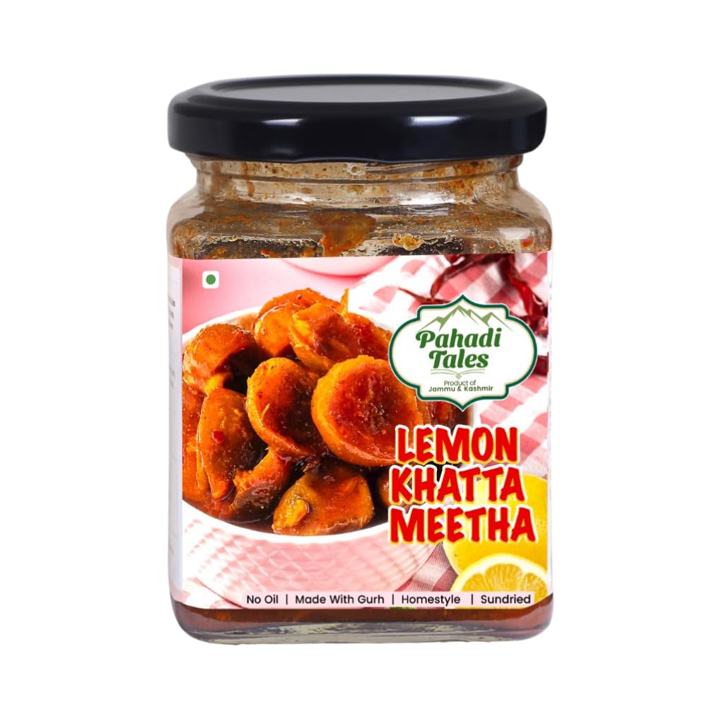 Pahadi Tales Lemon Pickle 250g | Nimbu Khatta Meetha Achar | No Oil, Made with Gurh (Jaggery) | Sundried Homestyle Pahadi Achaar | Ghar Ka Achar | Made in Jammu & Kashmir