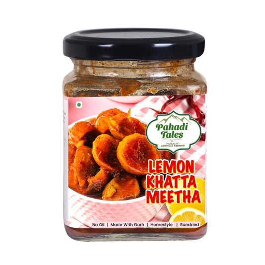 Pahadi Tales Lemon Pickle 250g | Nimbu Khatta Meetha Achar | No Oil, Made with Gurh (Jaggery) | Sundried Homestyle Pahadi Achaar | Ghar Ka Achar | Made in Jammu & Kashmir