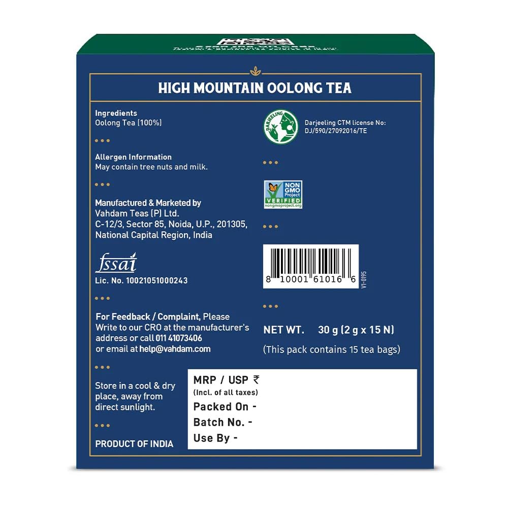 VAHDAM, High Mountain Oolong Tea Bags (15 Count) Non-GMO, Gluten-Free | Naturally High Grown Oolong Tea Leaves - Light & Floral | Individually Wrapped Pyramid Tea Bags | Direct from Source