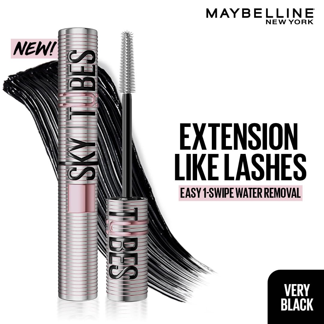 Maybelline Lash Sensational Sky Tubes Tubing Mascara, Very Black | Extension-Like Length, Conditioning with Shea Butter + Castor Oil, 7ml