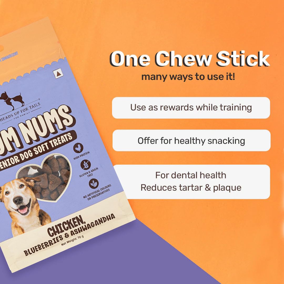 Yum Nums by HUFT Soft & Chewy Sticks - 70 gm | Chicken,Blueberries & Ashwagandha | for Senior Dog | High in Proteins | Gluten & Grain Free | Salt & Sugar Free | No Artificial Colours